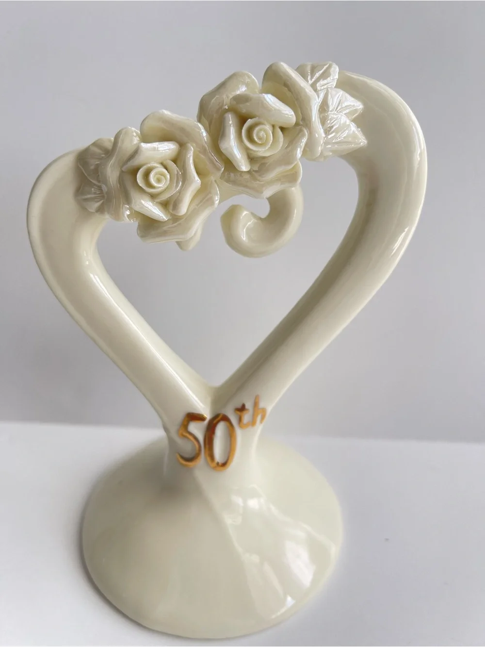 50th Anniversary Cream Ceramic Heart Figurine with Roses
